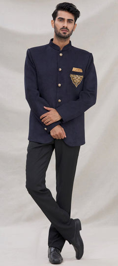 Blue color Jodhpuri Suit in Velvet fabric with Patch work