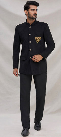 Black and Grey color Jodhpuri Suit in Velvet fabric with Patch work : 1855450