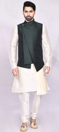 Beige and Brown color Kurta Pyjama with Jacket in Art Silk fabric with Thread work