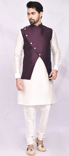 Beige and Brown color Kurta Pyjama with Jacket in Art Silk fabric with Thread work