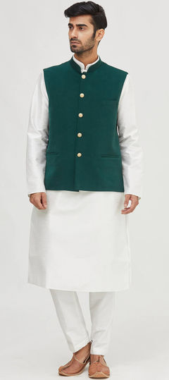 White and Off White color Kurta Pyjama with Jacket in Velvet fabric with Thread work