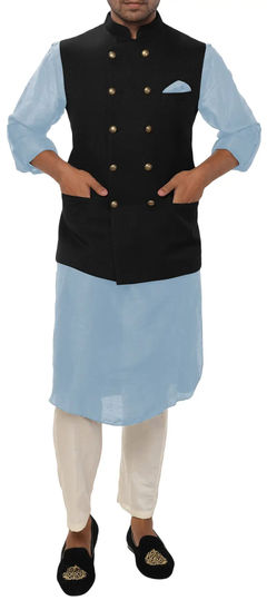 Blue color Kurta Pyjama with Jacket in Velvet fabric with Thread work