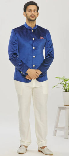 Blue color Jodhpuri Suit in Velvet fabric with Thread work