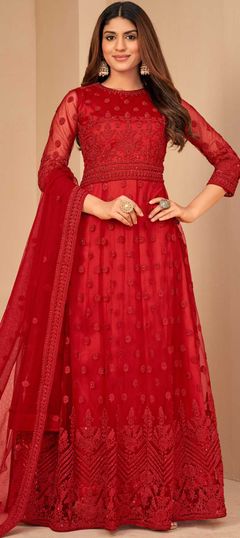 Red and Maroon color Salwar Kameez in Net fabric with Embroidered, Resham, Thread, Zari work