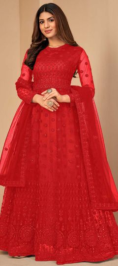 Red and Maroon color Salwar Kameez in Net fabric with Embroidered, Resham, Thread, Zari work