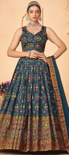Blue color Ready to Wear Lehenga in Art Silk fabric with Digital Print, Sequence, Thread work