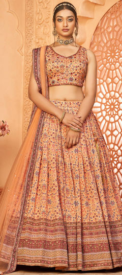 Beige and Brown color Ready to Wear Lehenga in Art Silk fabric with Digital Print, Sequence, Thread work