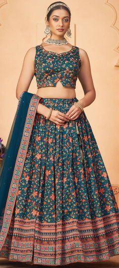Blue color Ready to Wear Lehenga in Art Silk fabric with Digital Print, Sequence, Thread work