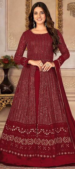 Red and Maroon color Long Lehenga Choli in Faux Georgette fabric with Embroidered, Sequence, Thread work