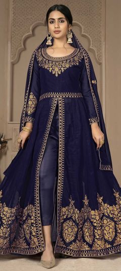 Blue color Salwar Kameez in Faux Georgette fabric with Embroidered, Thread, Zari work