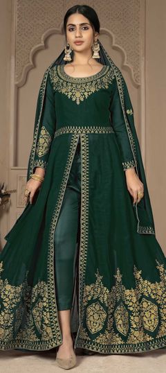 Green color Salwar Kameez in Faux Georgette fabric with Embroidered, Thread, Zari work