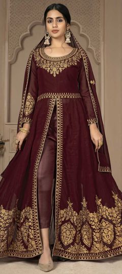 Red and Maroon color Salwar Kameez in Faux Georgette fabric with Embroidered, Thread, Zari work