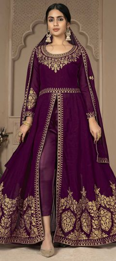 Purple and Violet color Salwar Kameez in Faux Georgette fabric with Embroidered, Thread, Zari work