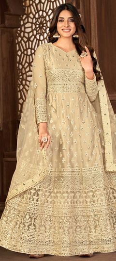 Beige and Brown color Salwar Kameez in Net fabric with Embroidered, Sequence, Thread work