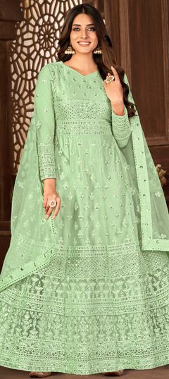 Green color Salwar Kameez in Net fabric with Embroidered, Sequence, Thread work