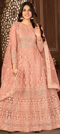 Pink and Majenta color Salwar Kameez in Net fabric with Embroidered, Sequence, Thread work