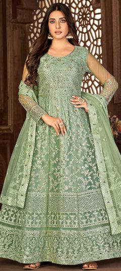 Green color Salwar Kameez in Net fabric with Embroidered, Resham, Sequence, Thread work