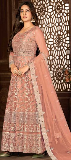 Pink and Majenta color Salwar Kameez in Net fabric with Embroidered, Resham, Sequence, Thread work