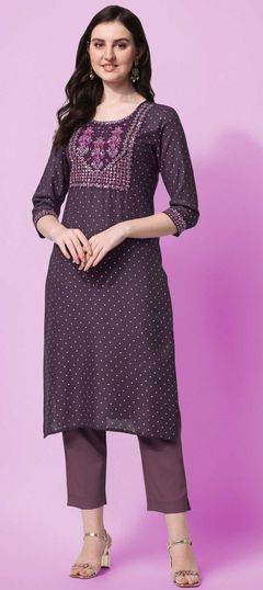 Purple and Violet color Kurti in Rayon fabric with Embroidered, Resham, Sequence, Thread work