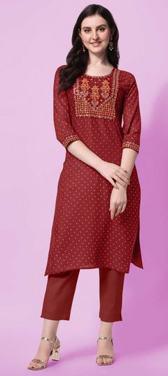 Red and Maroon color Kurti in Rayon fabric with Embroidered, Resham, Sequence, Thread work