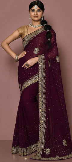 Purple and Violet color Saree in Georgette fabric with Cut Dana, Mirror, Stone work