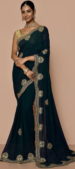 Blue color Saree in Georgette fabric with Bugle Beads, Cut Dana, Stone work