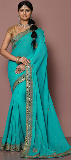 Blue color Saree in Georgette fabric with Cut Dana, Mirror, Stone work