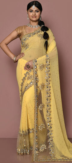 Yellow color Saree in Georgette fabric with Bugle Beads, Cut Dana, Mirror, Stone work