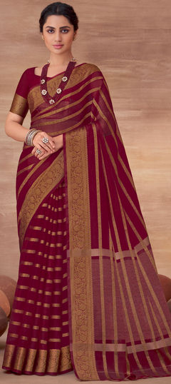 Festive Red and Maroon color Saree in Organza Silk fabric with South Border work : 1855800