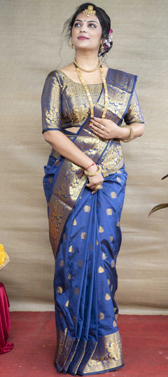 Blue color Saree in Art Silk, Silk fabric with Weaving work