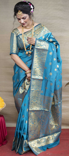 Blue color Saree in Art Silk, Silk fabric with Weaving work
