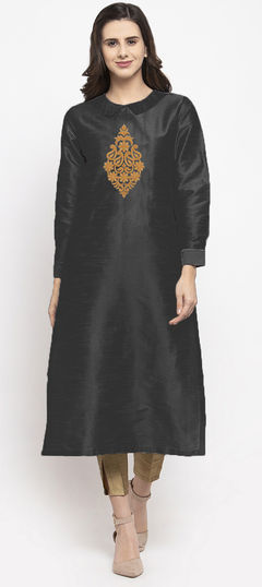 Black and Grey color Salwar Kameez in Dupion Silk fabric with Embroidered, Thread work