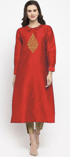 Red and Maroon color Salwar Kameez in Dupion Silk fabric with Embroidered, Thread work