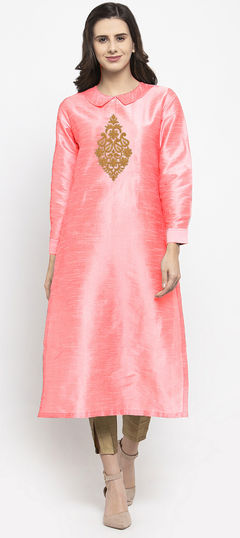 Pink and Majenta color Salwar Kameez in Dupion Silk fabric with Embroidered, Thread work