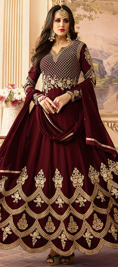 Red and Maroon color Salwar Kameez in Georgette fabric with Embroidered, Zari work