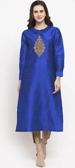 Blue color Salwar Kameez in Dupion Silk fabric with Embroidered, Thread work