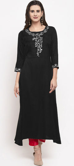 Black and Grey color Salwar Kameez in Rayon fabric with Embroidered, Thread work