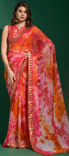 Multicolor color Saree in Chiffon fabric with Border, Printed, Sequence work