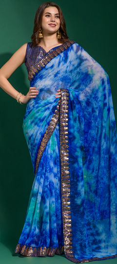 Blue color Saree in Chiffon fabric with Border, Printed, Sequence work