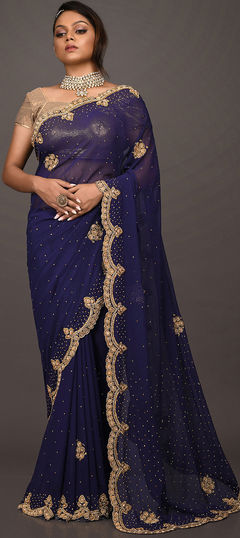 Blue color Saree in Georgette fabric with Bugle Beads, Cut Dana, Stone work