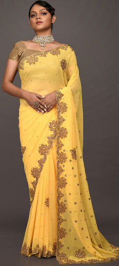 Yellow color Saree in Georgette fabric with Bugle Beads, Cut Dana, Stone work