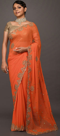 Orange color Saree in Georgette fabric with Bugle Beads, Cut Dana, Stone work