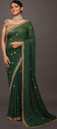 Green color Saree in Georgette fabric with Bugle Beads, Cut Dana, Stone work