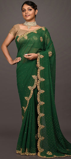 Mehendi Sangeet, Reception Green color Saree in Georgette fabric with Classic Bugle Beads, Cut Dana, Stone work : 1856100