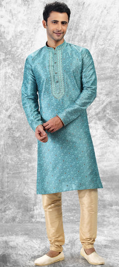 Blue color Kurta Pyjamas in Jacquard fabric with Mirror, Thread, Weaving work