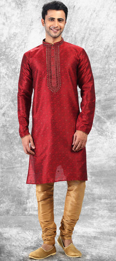 Red and Maroon color Kurta Pyjamas in Jacquard fabric with Mirror, Thread, Weaving work