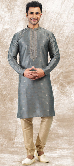 Black and Grey color Kurta Pyjamas in Jacquard fabric with Thread, Weaving work