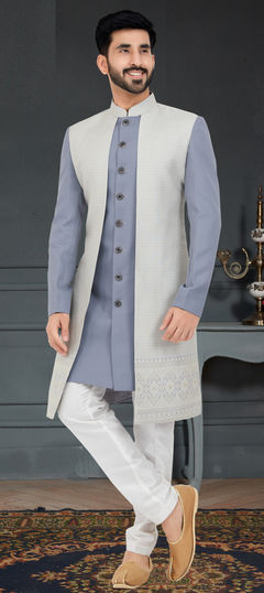 Black and Grey, White and Off White color IndoWestern Dress in Jacquard fabric with Weaving work