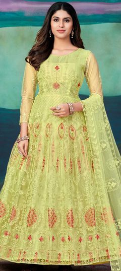 Yellow color Salwar Kameez in Net fabric with Embroidered, Resham, Thread, Zari work