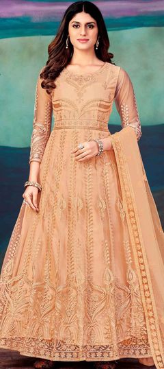 Beige and Brown color Salwar Kameez in Net fabric with Embroidered, Resham, Thread, Zari work